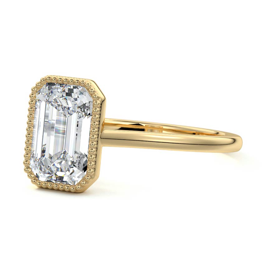Yellow gold Emerald Diamond Solitaire Engagement Ring with Milgrain Bezel Setting