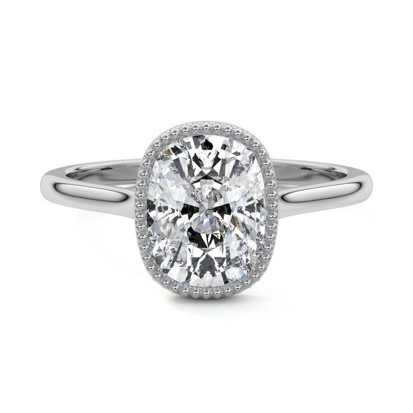 Silver Cushion Diamond Solitaire Engagement Ring with Milgrain Bezel Setting