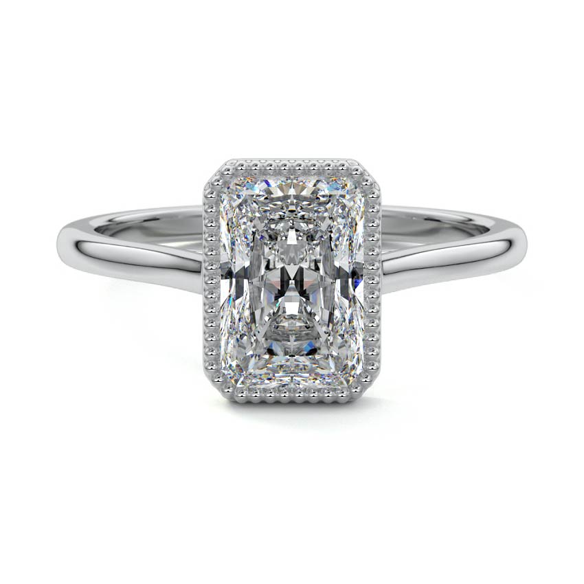 Platinum Radiant Diamond Solitaire Engagement Ring with Milgrain Bezel Setting