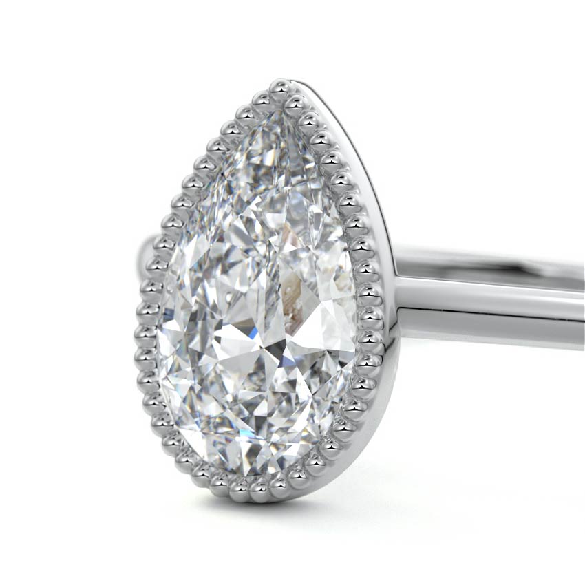 Platinum Pear Diamond Solitaire Engagement Ring with Milgrain Bezel Setting
