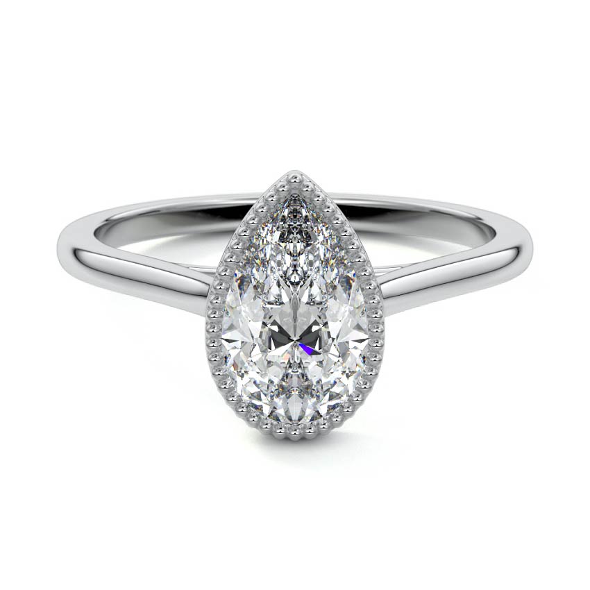 Platinum Pear Diamond Solitaire Engagement Ring with Milgrain Bezel Setting