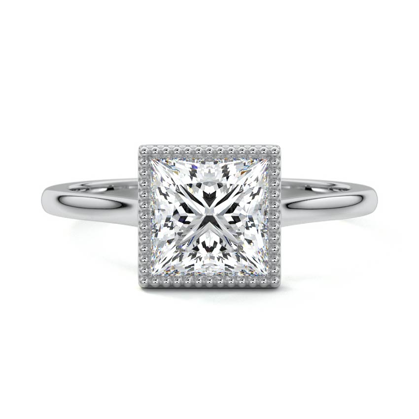 Platinum Princess Diamond Solitaire Engagement Ring with Milgrain Bezel Setting