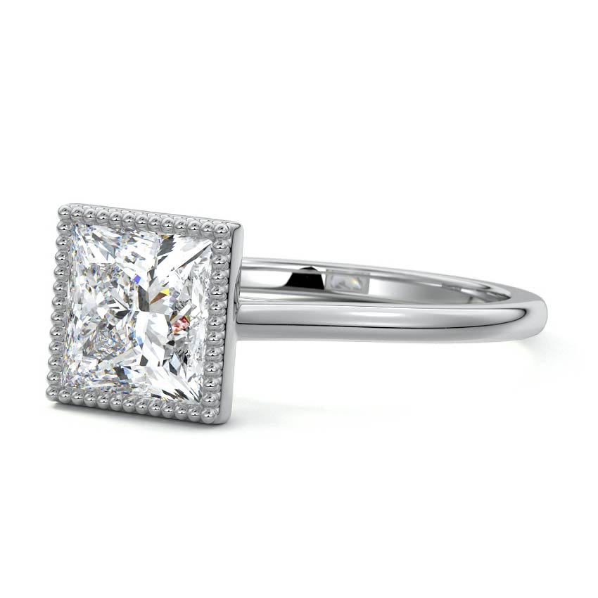 Platinum Princess Diamond Solitaire Engagement Ring with Milgrain Bezel Setting