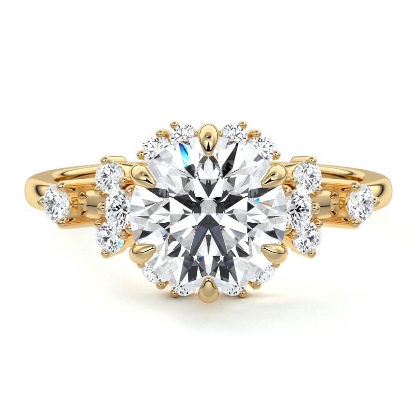 Yellow gold Round Diamond Floral Cluster Side Stone Engagement Ring