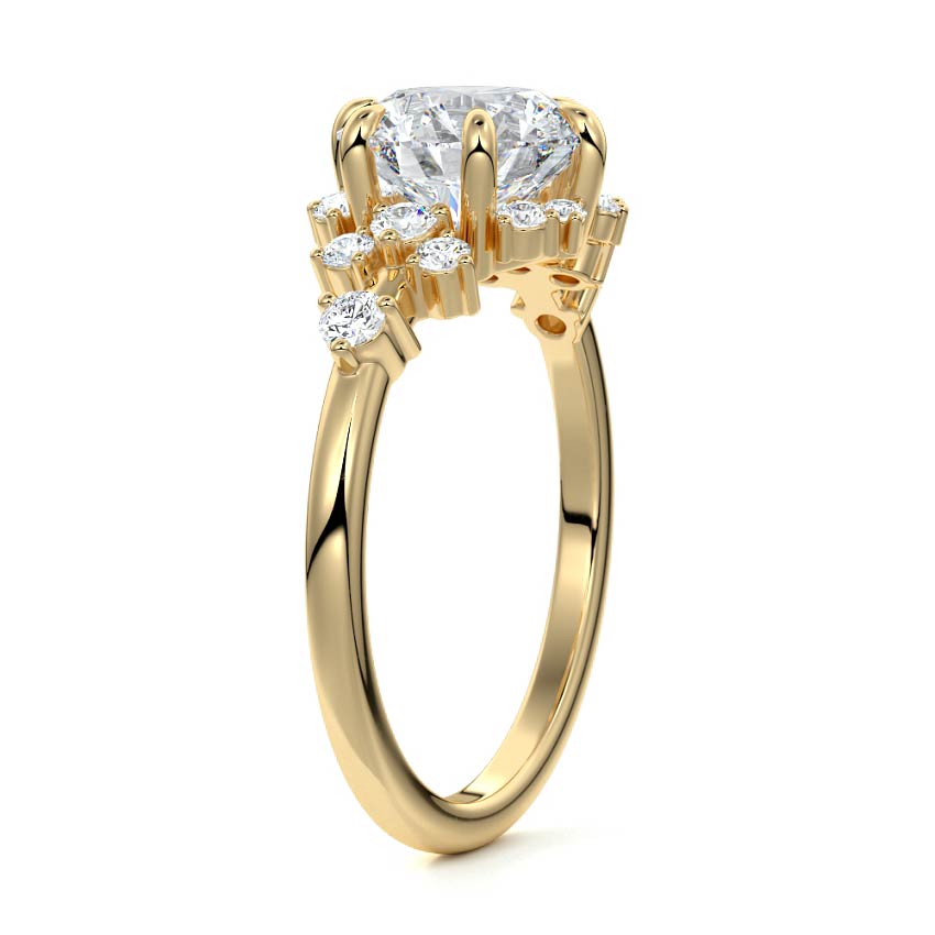 Yellow gold Round Diamond Floral Cluster Side Stone Engagement Ring