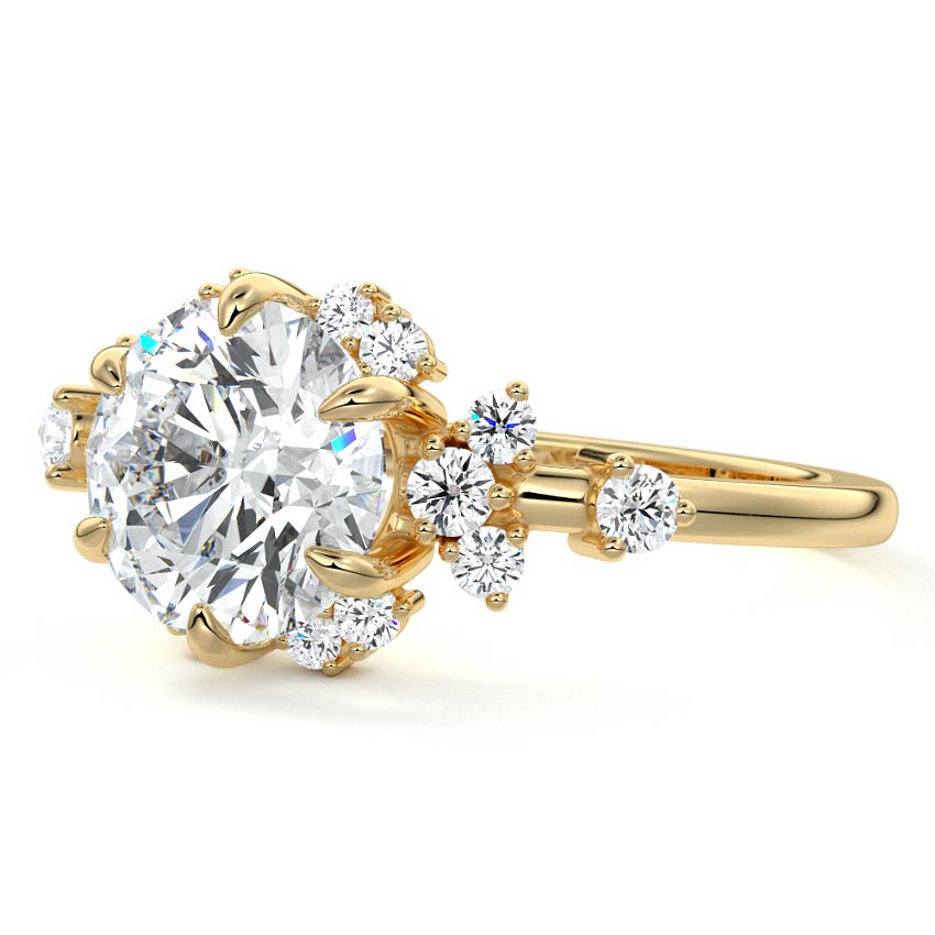 Yellow gold Round Diamond Floral Cluster Side Stone Engagement Ring