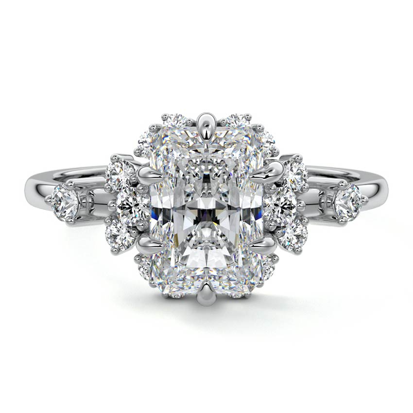 White gold Radiant Diamond Floral Cluster Side Stone Engagement Ring