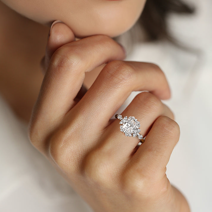 White gold Radiant Diamond Floral Cluster Side Stone Engagement Ring