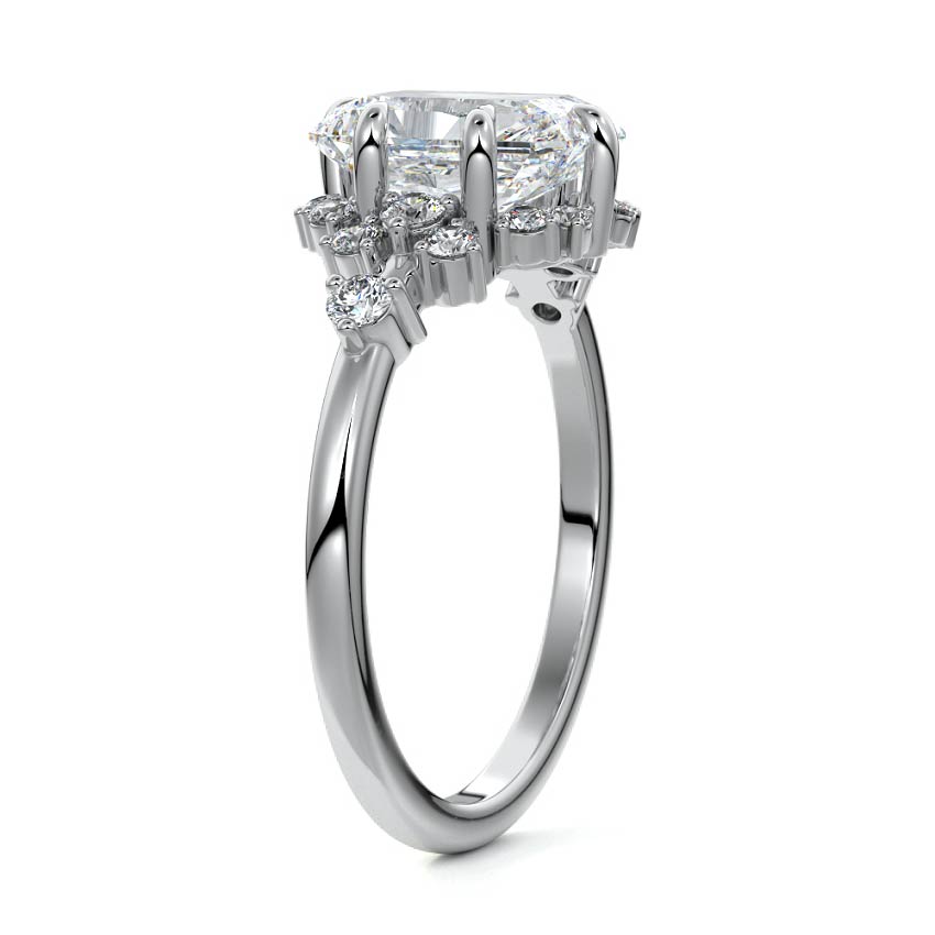 White gold Radiant Diamond Floral Cluster Side Stone Engagement Ring