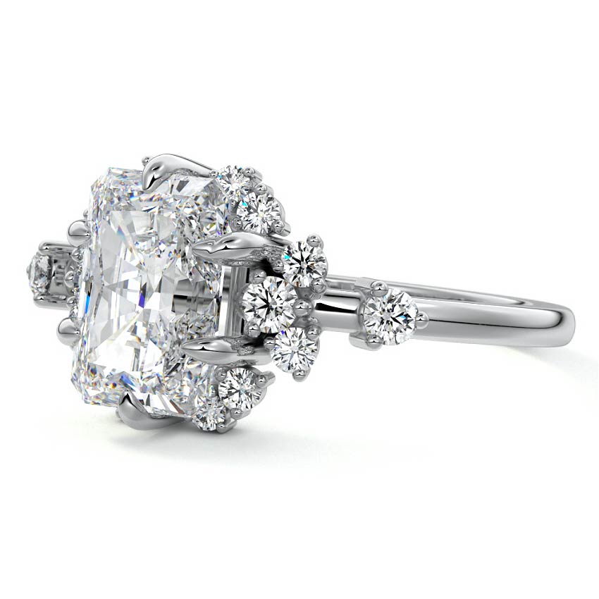 White gold Radiant Diamond Floral Cluster Side Stone Engagement Ring