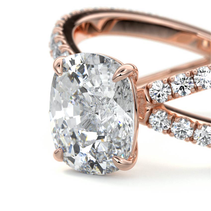 Rose gold Cushion Solitaire Diamond Engagement Ring with Criss-Cross Split Shank Pave Band