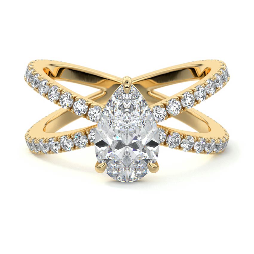 Yellow gold Pear Solitaire Diamond Engagement Ring with Criss-Cross Split Shank Pave Band