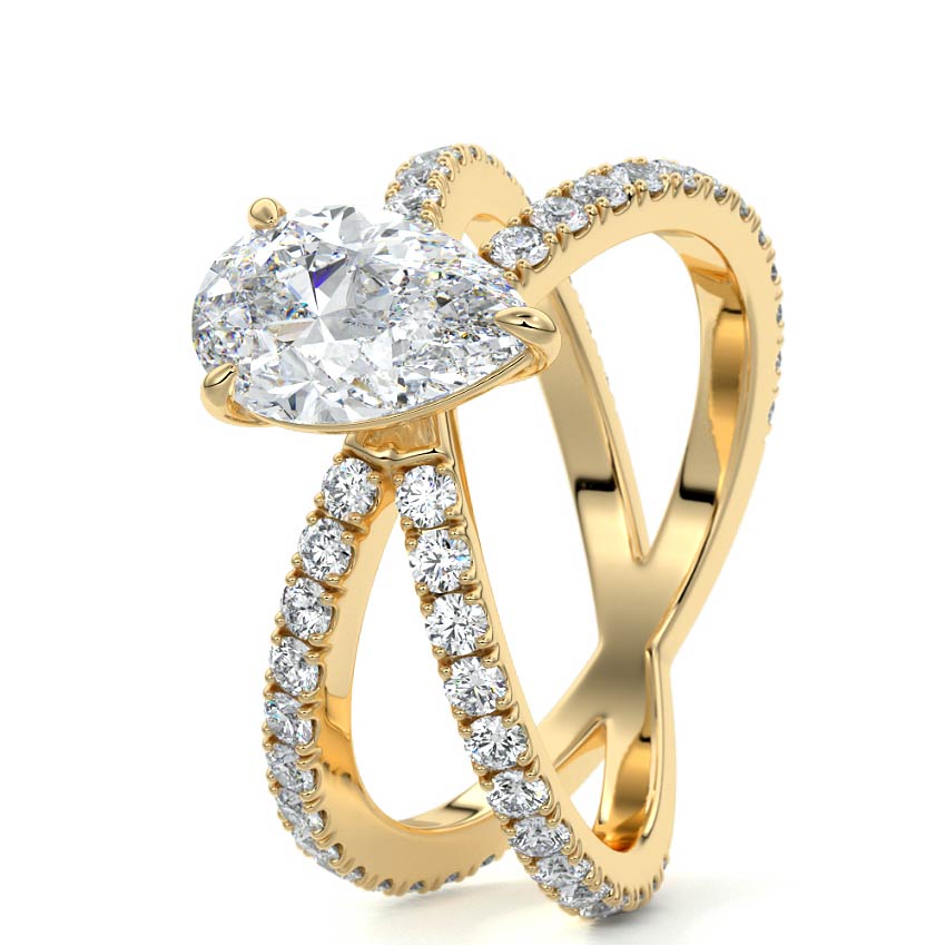 Yellow gold Pear Solitaire Diamond Engagement Ring with Criss-Cross Split Shank Pave Band