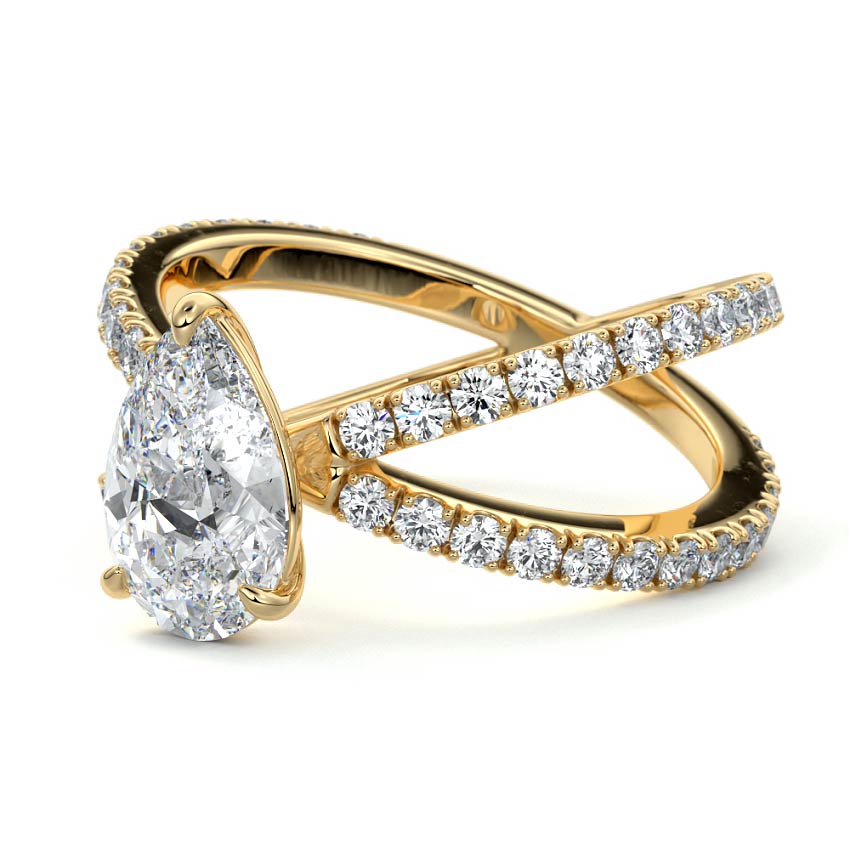 Yellow gold Pear Solitaire Diamond Engagement Ring with Criss-Cross Split Shank Pave Band