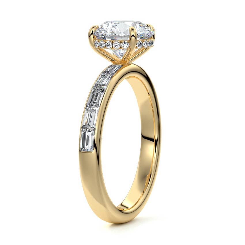 Yellow gold Round Diamond Engagement Ring with Hidden Halo and Side Stones