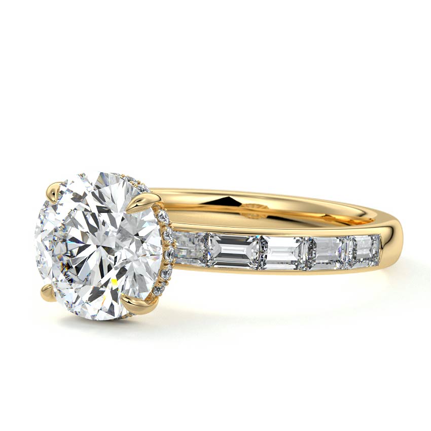 Yellow gold Round Diamond Engagement Ring with Hidden Halo and Side Stones