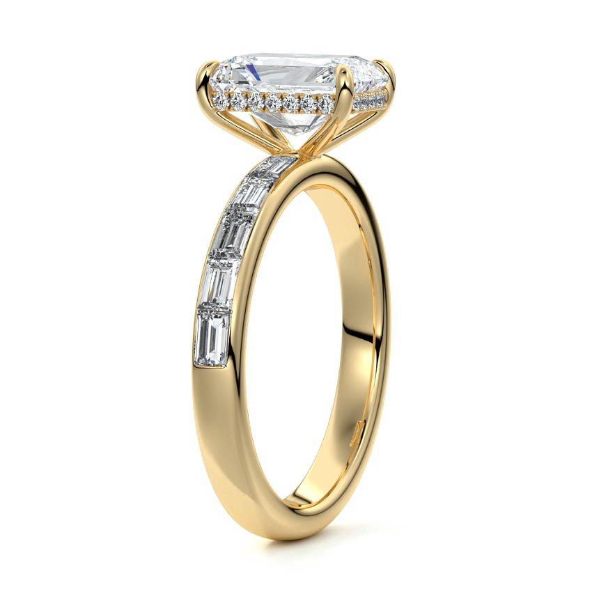 Yellow gold Radiant Diamond Engagement Ring with Hidden Halo and Side Stones
