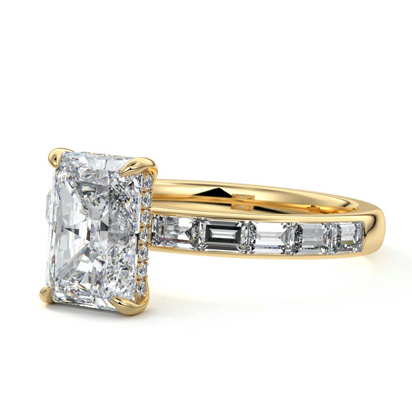 Yellow gold Radiant Diamond Engagement Ring with Hidden Halo and Side Stones