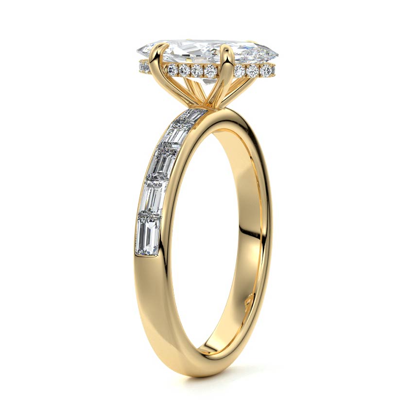 Yellow gold Marquise Diamond Engagement Ring with Hidden Halo and Side Stones