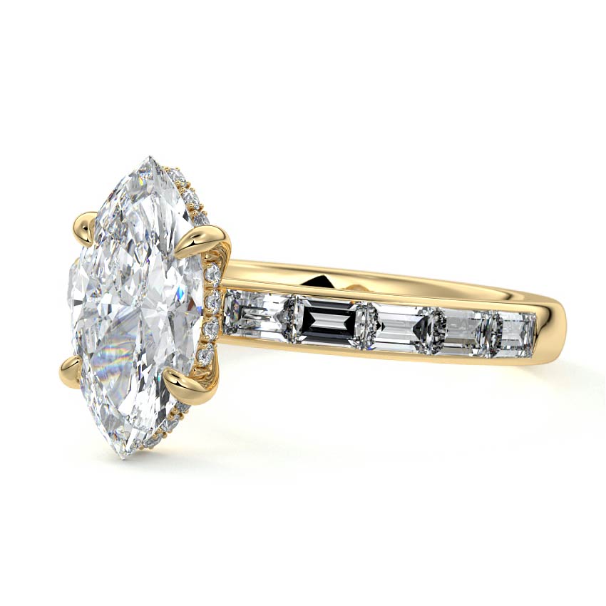 Yellow gold Marquise Diamond Engagement Ring with Hidden Halo and Side Stones