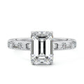 Silver Emerald Diamond Engagement Ring with Hidden Halo and Side Stones