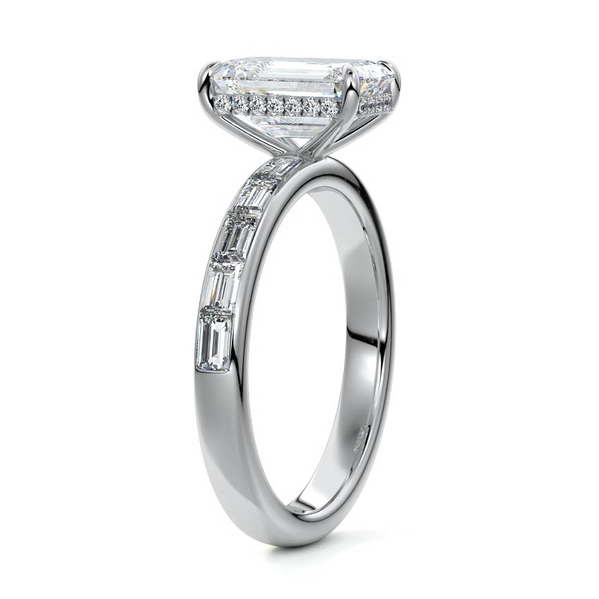 Silver Emerald Diamond Engagement Ring with Hidden Halo and Side Stones