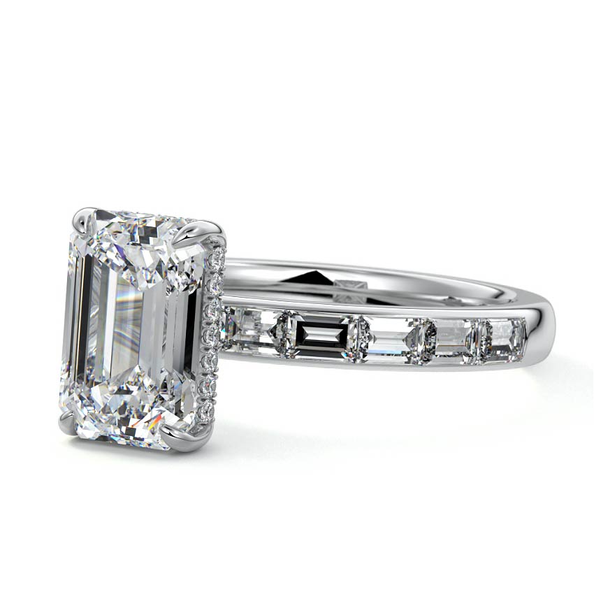Silver Emerald Diamond Engagement Ring with Hidden Halo and Side Stones