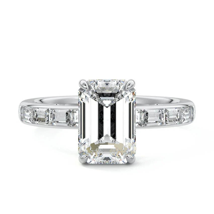 Silver Emerald Diamond Engagement Ring with Hidden Halo and Side Stones 