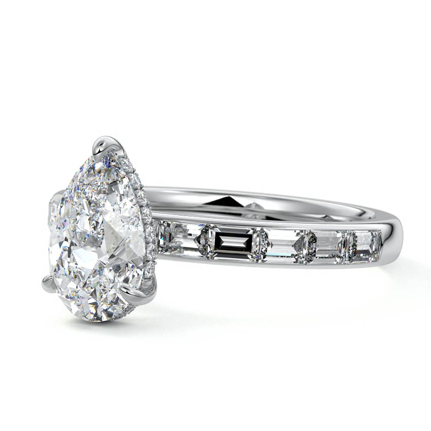 Platinum Pear Diamond Engagement Ring with Hidden Halo and Side Stones