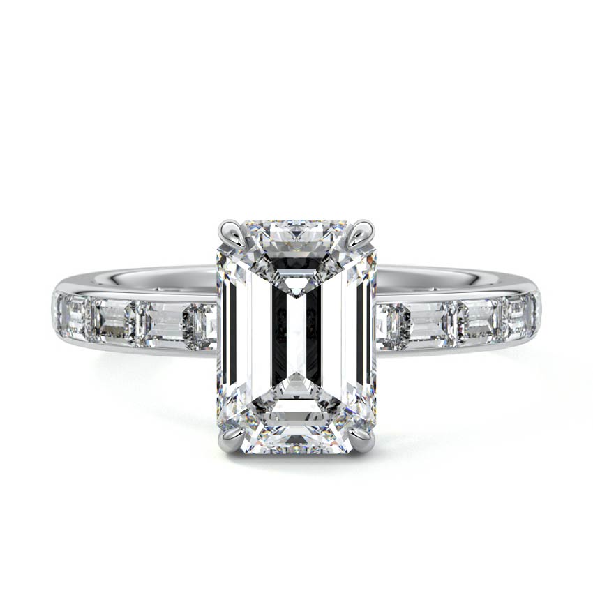 Platinum Emerald Diamond Engagement Ring with Hidden Halo and Side Stones