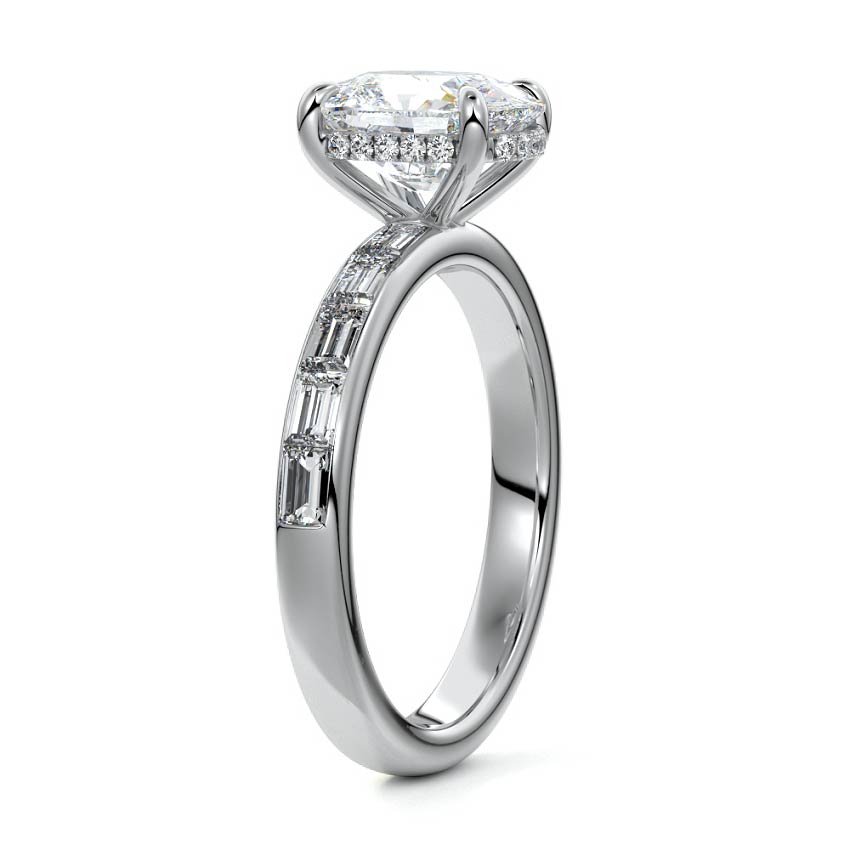 Platinum Cushion Diamond Engagement Ring with Hidden Halo and Side Stones
