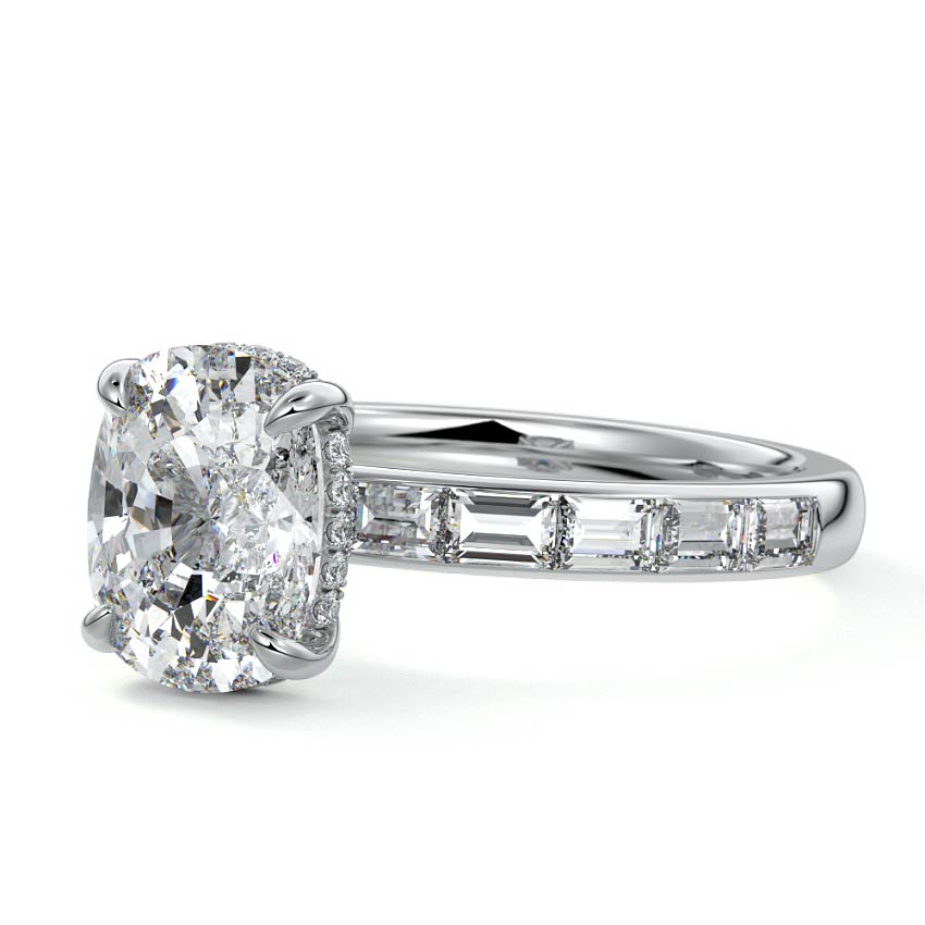Platinum Cushion Diamond Engagement Ring with Hidden Halo and Side Stones