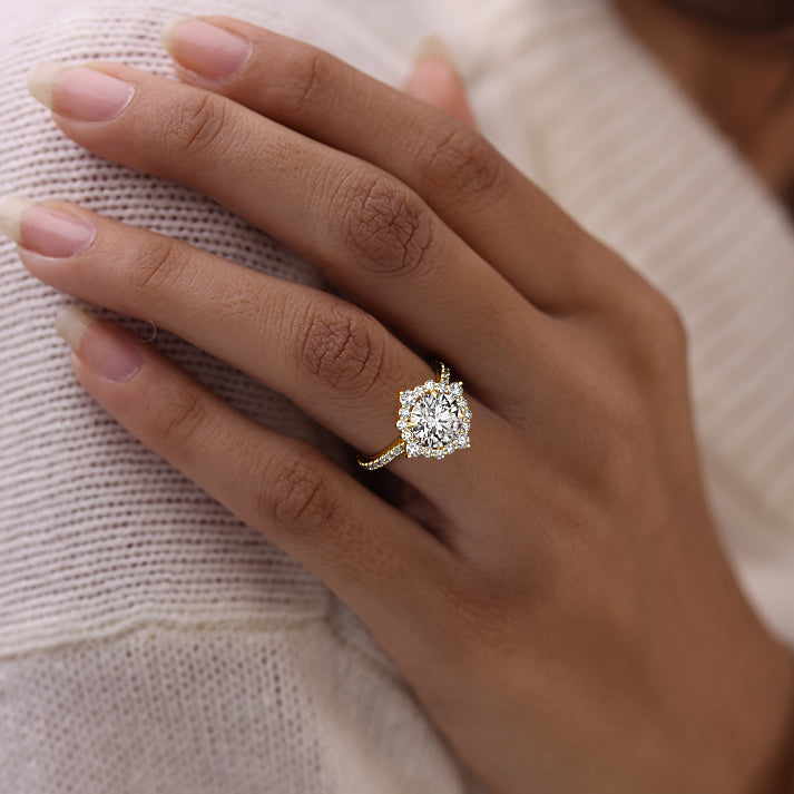 Yellow gold Round Diamond Engagement Ring with Halo and Pave Band