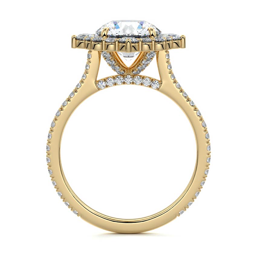 Yellow gold Round Diamond Engagement Ring with Halo and Pave Band