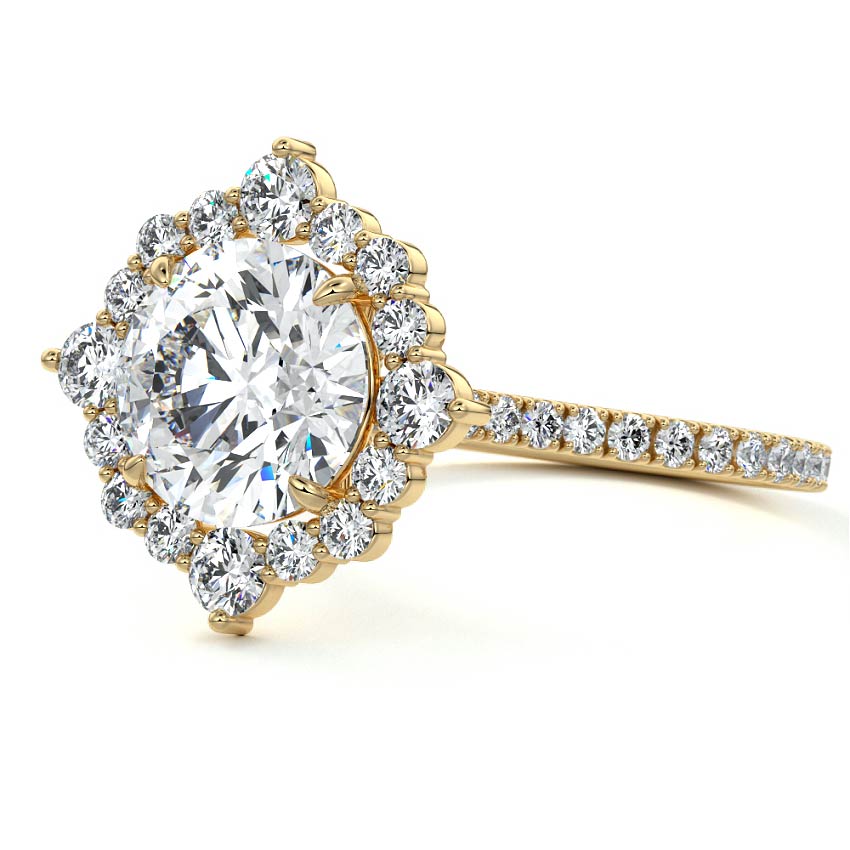 Yellow gold Round Diamond Engagement Ring with Halo and Pave Band