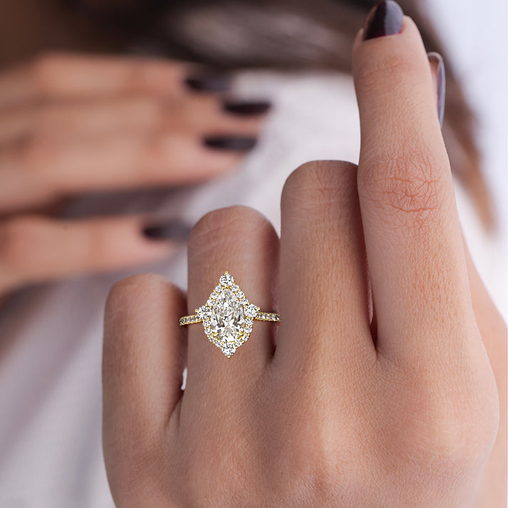 Yellow gold Pear Diamond Engagement Ring with Halo and Pave Band