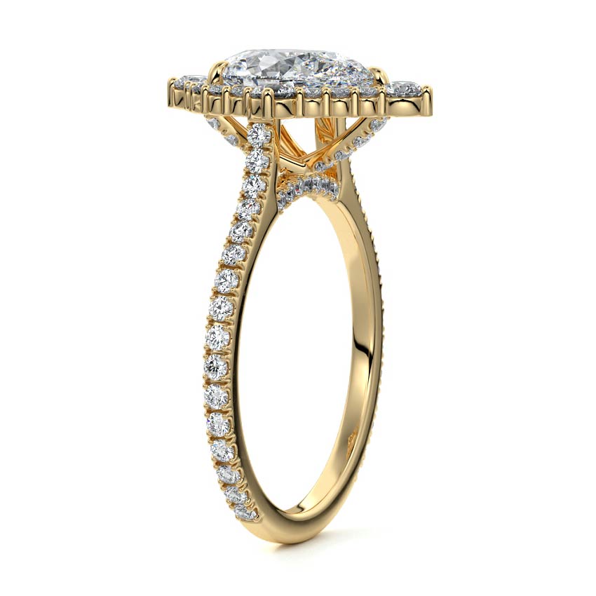 Yellow gold Pear Diamond Engagement Ring with Halo and Pave Band