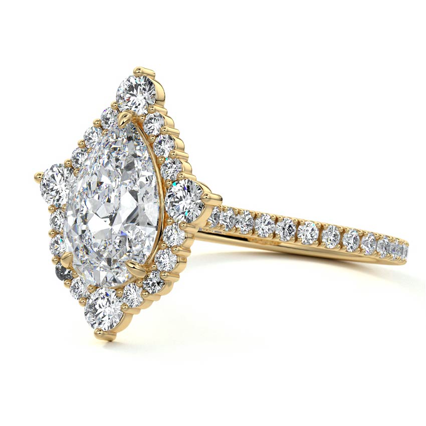 Yellow gold Pear Diamond Engagement Ring with Halo and Pave Band