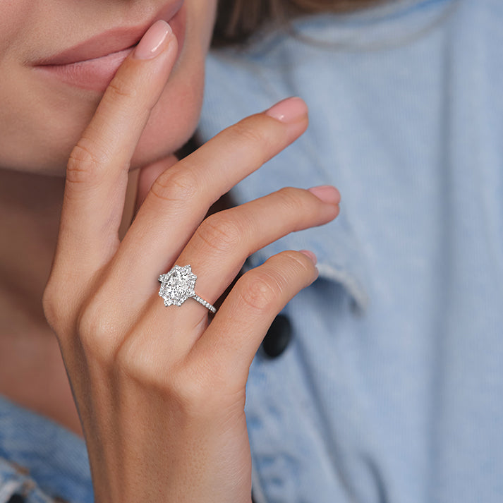 White gold Cushion Diamond Engagement Ring with Halo and Pave Band