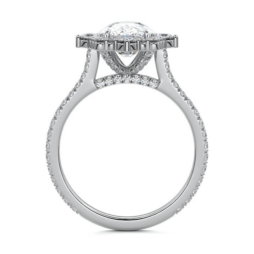 White gold Cushion Diamond Engagement Ring with Halo and Pave Band