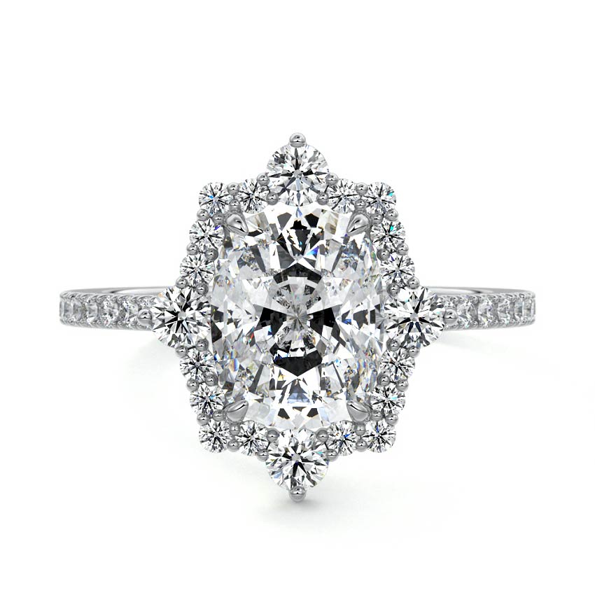 White gold Cushion Diamond Engagement Ring with Halo and Pave Band