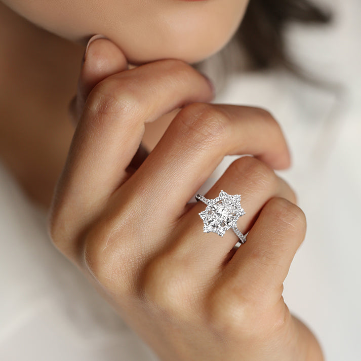 Silver Oval Diamond Engagement Ring with Halo and Pave Band