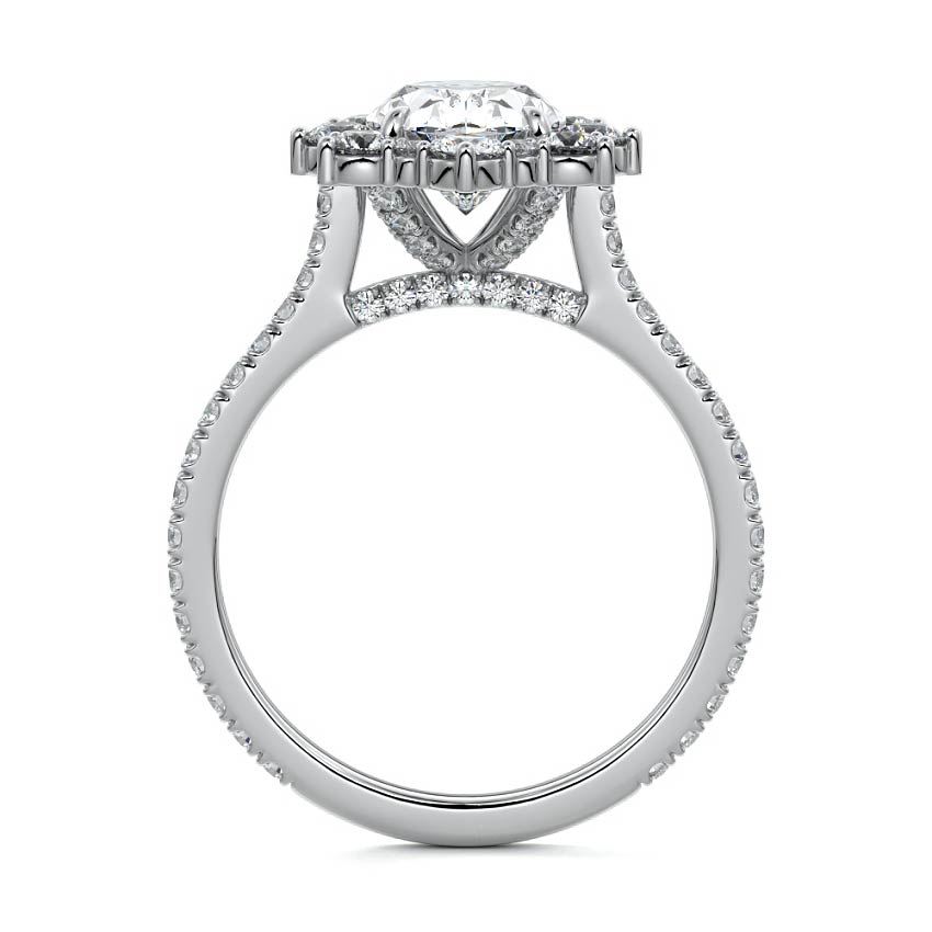 Silver Oval Diamond Engagement Ring with Halo and Pave Band
