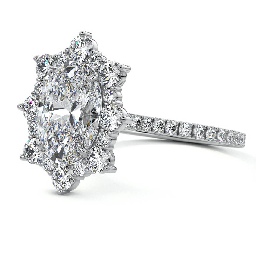 Silver Oval Diamond Engagement Ring with Halo and Pave Band