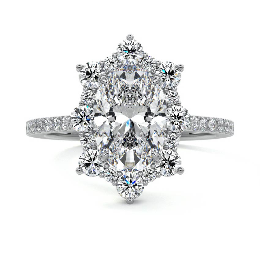 Silver Oval Diamond Engagement Ring with Halo and Pave Band