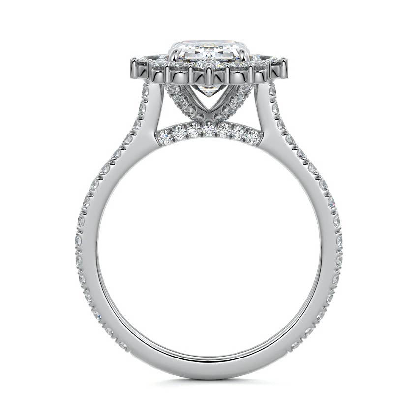 Platinum Emerald Diamond Engagement Ring with Halo and Pave Band