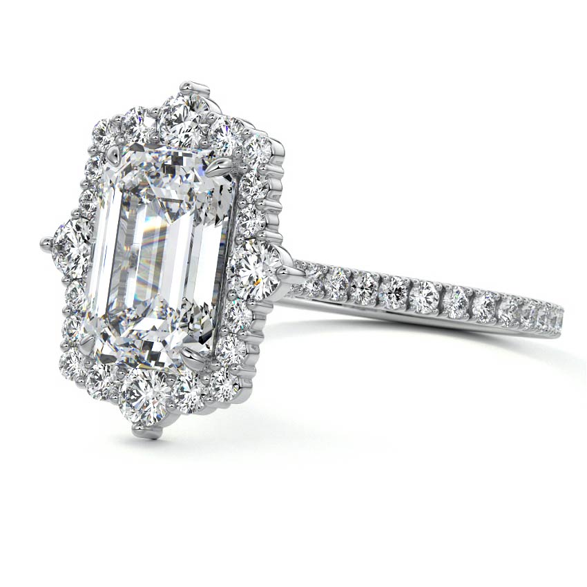 Platinum Emerald Diamond Engagement Ring with Halo and Pave Band