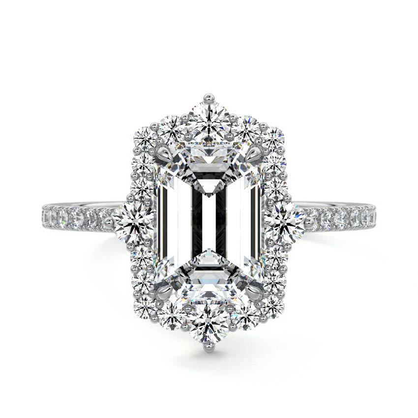 Platinum Emerald Diamond Engagement Ring with Halo and Pave Band