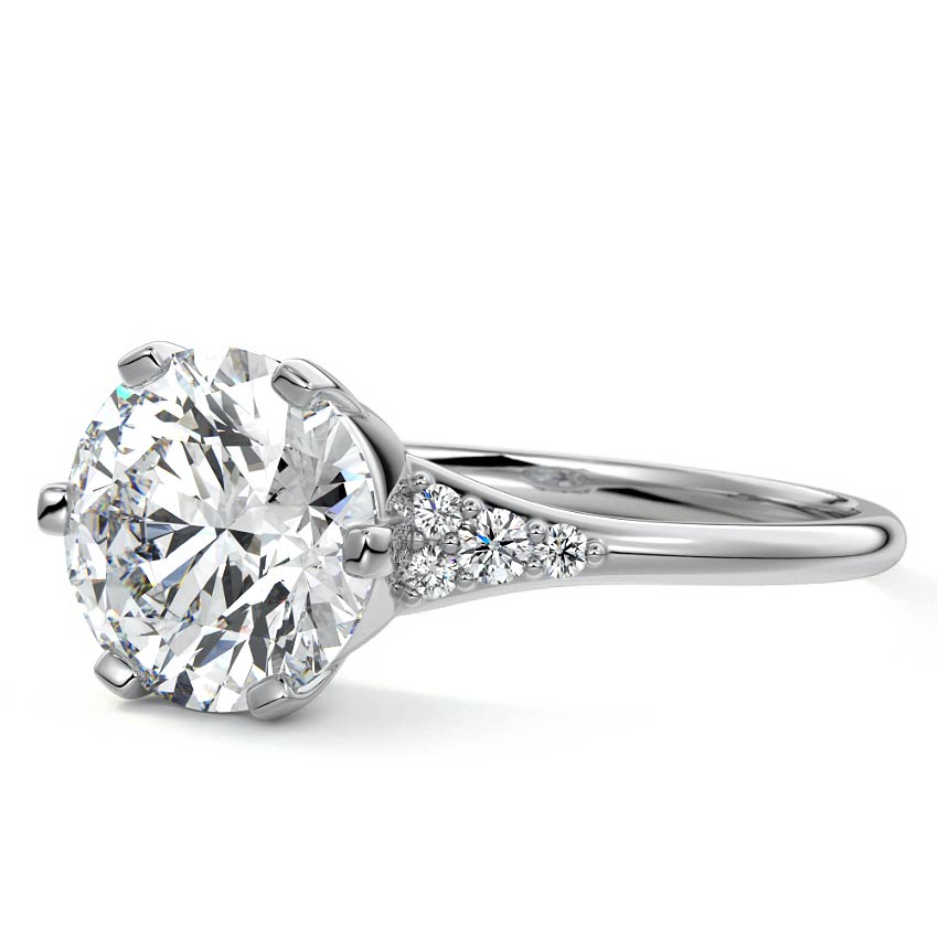 Silver Round Diamond Engagement Ring with Side Stone Accents and Prong Setting