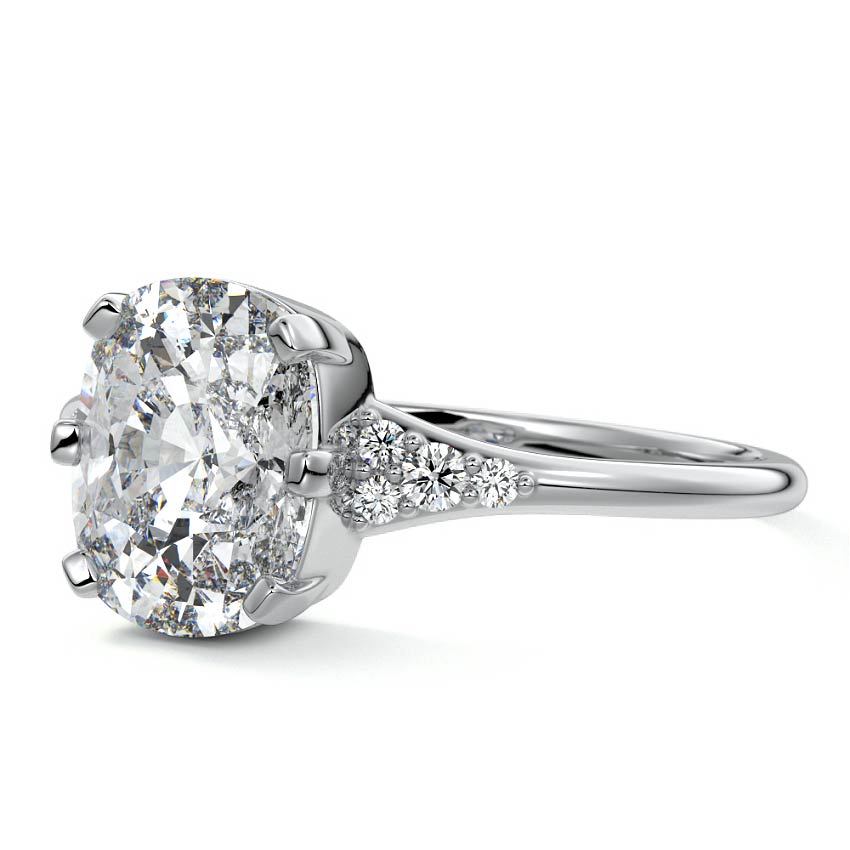 Silver Cushion Diamond Engagement Ring with Side Stone Accents and Prong Setting